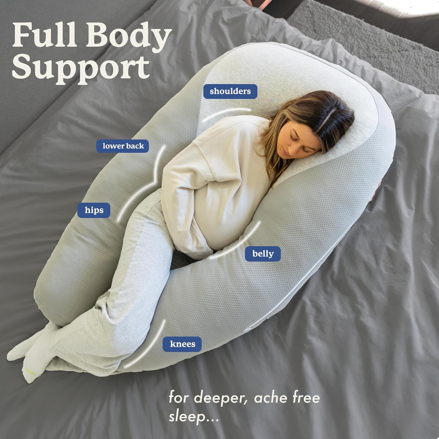 Plufl Hugl Cooling Body Pillow for Adults Made with CloudSupport Fill | U Shaped Maternity Pillows Great for Side Sleepers & Pregnant Women | Washable Cover | Grey